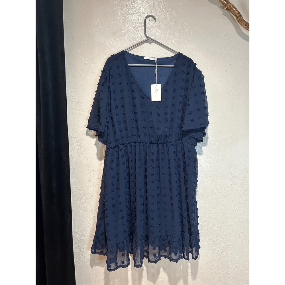 Kelunmai Navy Blue Swiss Dot V-Neck Mini Dress Plus Size 24 Short Flutter Sleeve
